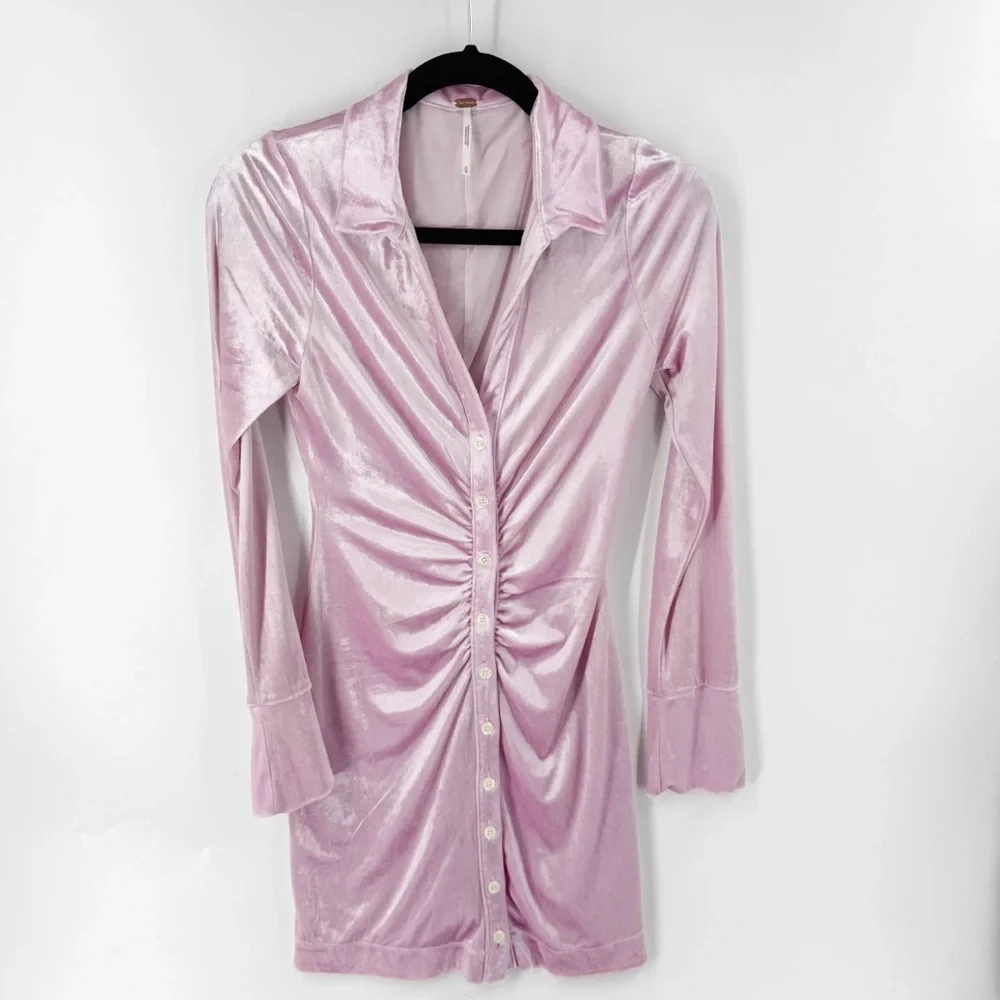 ✅ Free People Pink Shayla Velvet Fitted Stretch Ruched Soft Mini‎ Dress SIZE XS